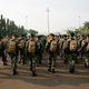 Indonesian military and police gather in central Jakarta ahead of election day.
